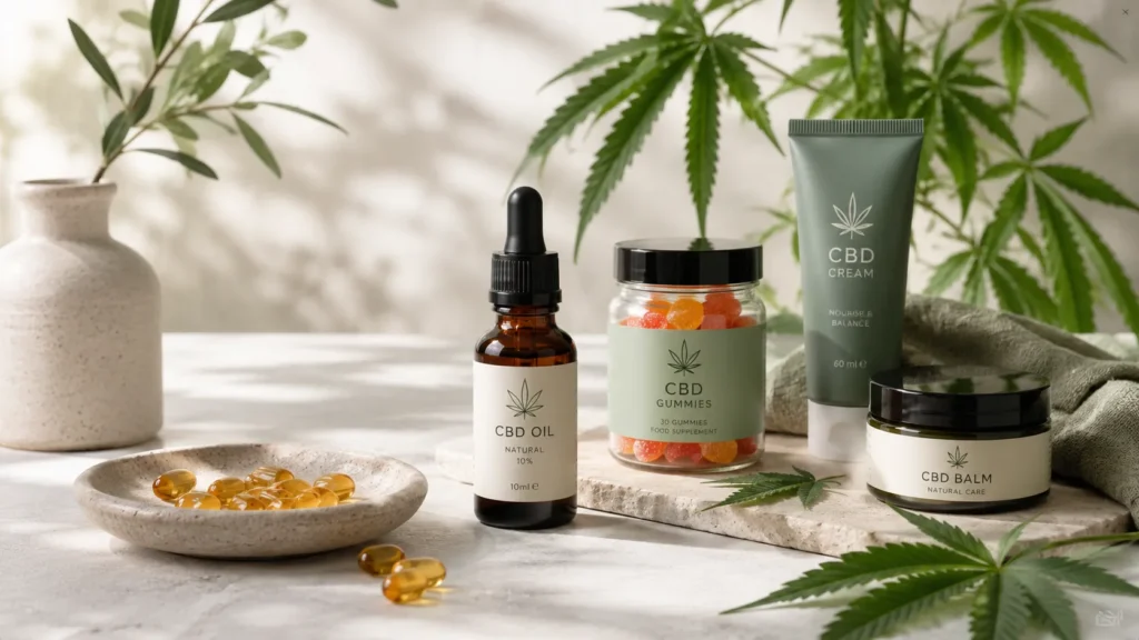 Nordic Oil CBD-Produkte mit Öl, Gummies, Kapseln und Creme auf hellem Hintergrund