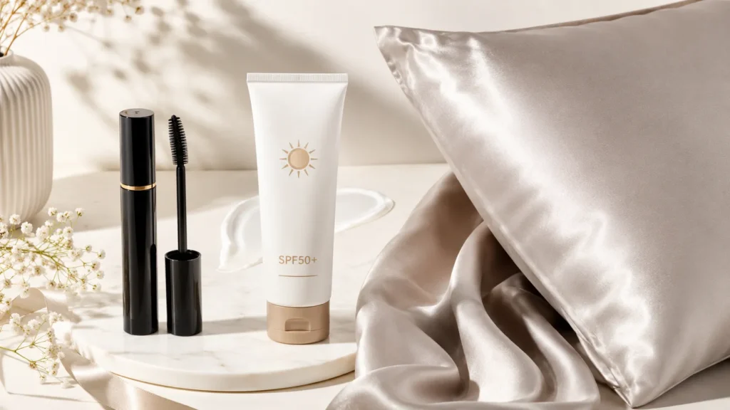 Maybelline Sky High mascara, Beauty of Joseon Relief Sun and Bedsure satin pillowcases