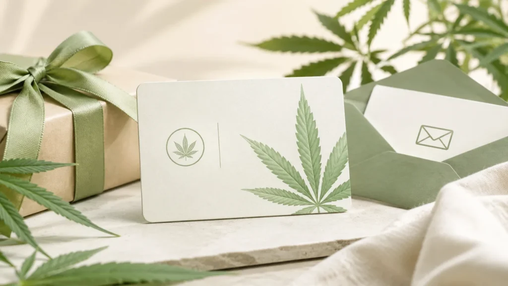 CannaFleur Geschenkkarte mit Geschenkbox, E-Mail-Symbol und Hanfblatt