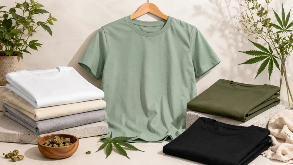 CannaFleur Merch mit T-Shirts in Mintgrün, Weiß, Olivgrün, Grau, Sandweiß und Schwarz