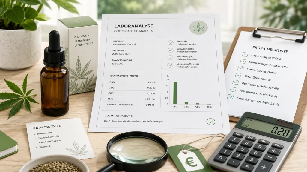 SaveSleuth CBD Prüfmethodik mit CBD Öl, Laboranalyse, COA, Checkliste und Preisvergleich