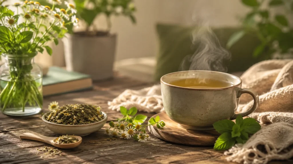 CBD Tee gegen Stress mit Hanftee, Kräutern und warmer Tasse für eine ruhige Pause