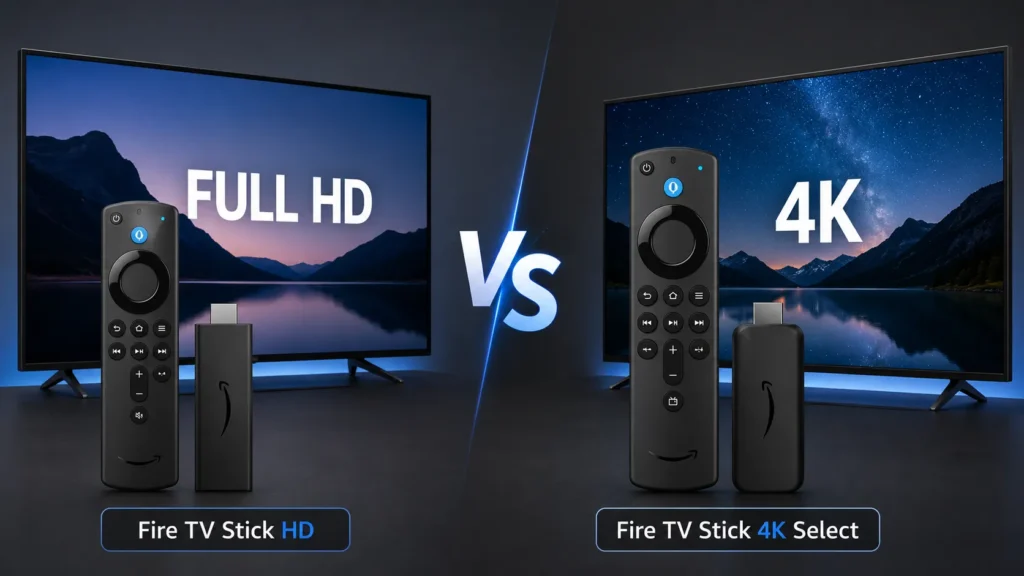 Fire TV Stick HD and Fire TV Stick 4K Select compared beside Full HD and 4K televisions