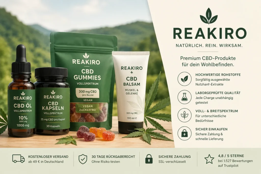 Reakiro CBD-Produkte mit CBD-Öl, Kapseln, Fruchtgummis und Balsam