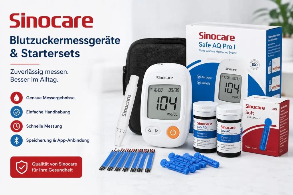 Sinocare Blutzuckermessgeräte und Startersets mit Messgerät, Teststreifen und Lanzetten