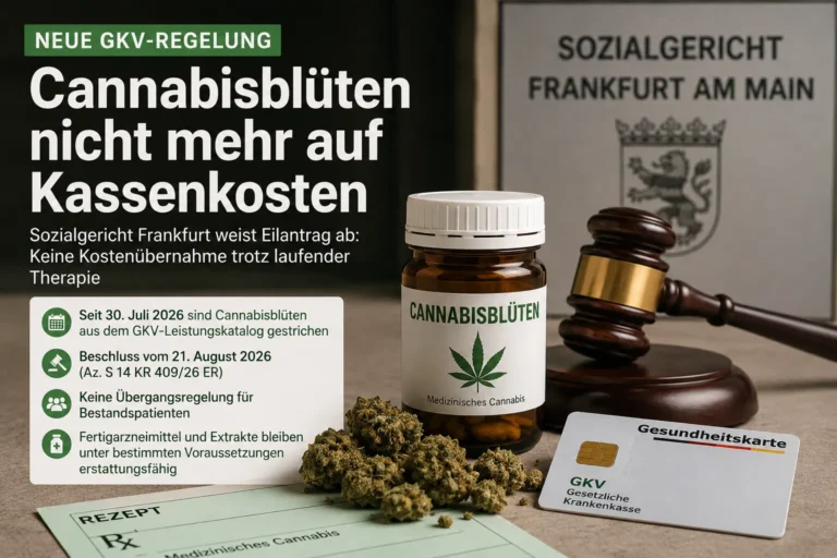 Cannabisblüten und Richterhammer zur neuen GKV-Regelung nach dem Beschluss des Sozialgerichts Frankfurt