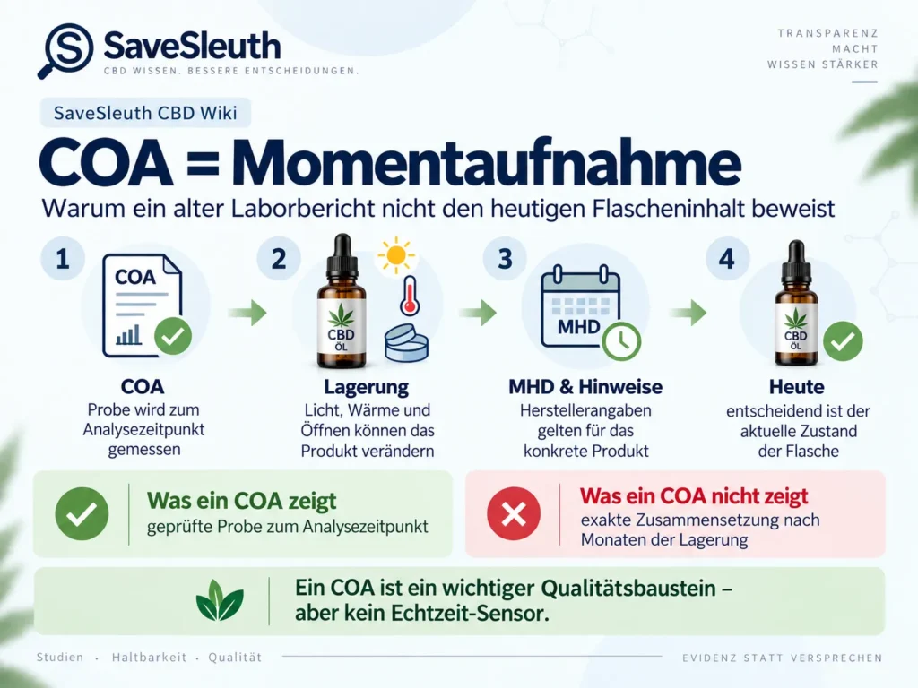 Infografik zur Bedeutung eines CBD-COA als Momentaufnahme des Analysezeitpunkts und nicht als Echtzeit-Nachweis des aktuellen Flascheninhalts