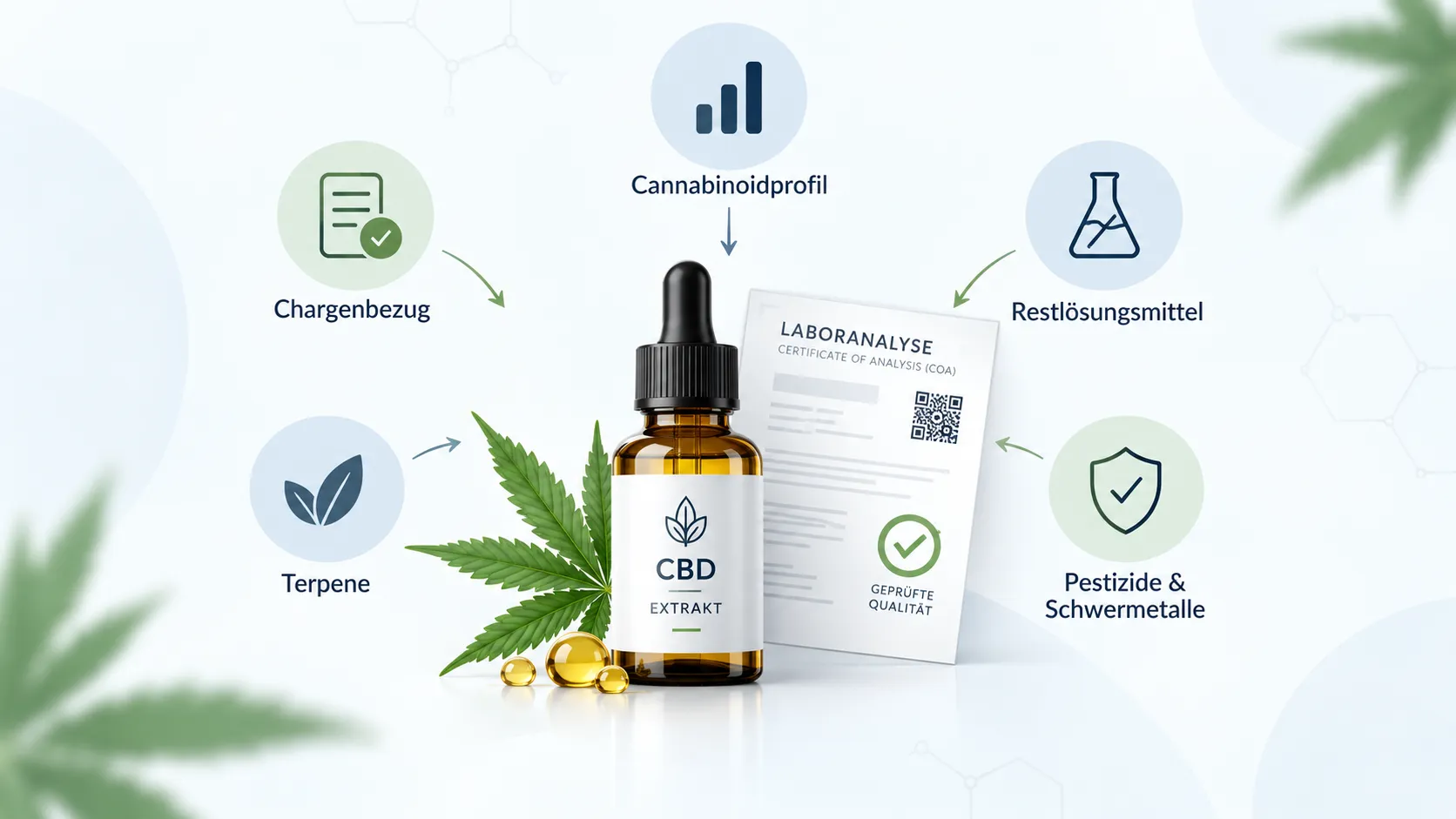 Qualitätsprüfung von CBD-Extrakt anhand von Cannabinoidprofil, Chargenbezug, Restlösungsmitteln, Schadstoffen und Terpenen