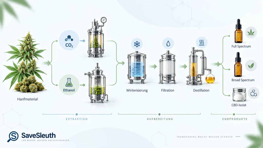 CBD-Herstellungsprozess von Hanf über CO₂- oder Ethanol-Extraktion, Winterisierung, Filtration und Destillation bis zum Endprodukt