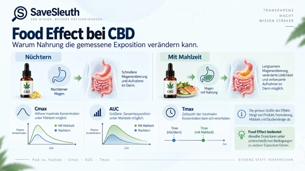 Food Effect bei CBD im Vergleich nüchtern und mit Mahlzeit mit Cmax, AUC und Tmax