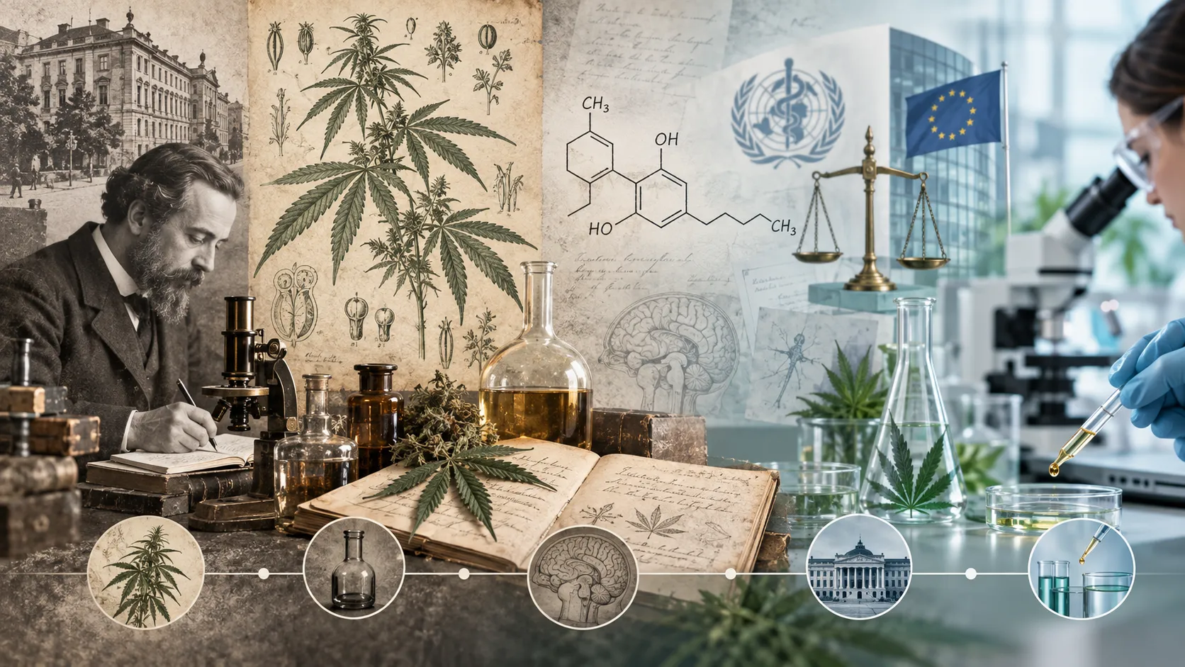 Illustration zur Geschichte von CBD mit historischer Forschung, botanischer Cannabis-Zeichnung, Labor und moderner Regulierung