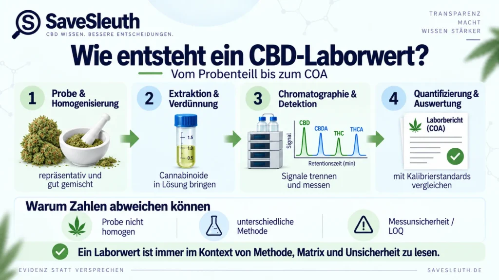 Infografik zur Entstehung eines CBD-Laborwerts von Probenahme und Homogenisierung über Extraktion und Chromatographie bis zum COA