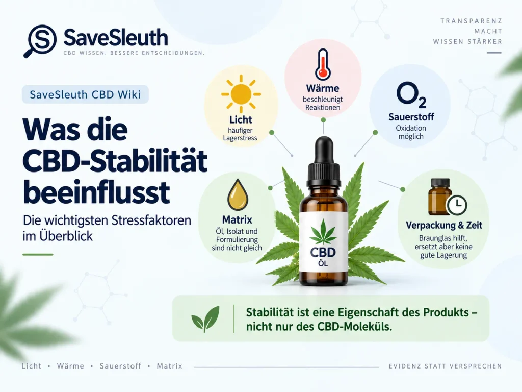 Infografik zu den wichtigsten Einflussfaktoren auf die CBD-Stabilität: Licht, Wärme, Sauerstoff, Matrix sowie Verpackung und Zeit