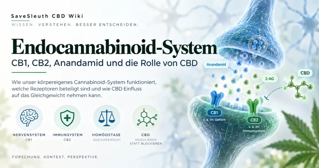 Illustration des Endocannabinoid-Systems mit CB1, CB2, Anandamid, 2-AG und CBD