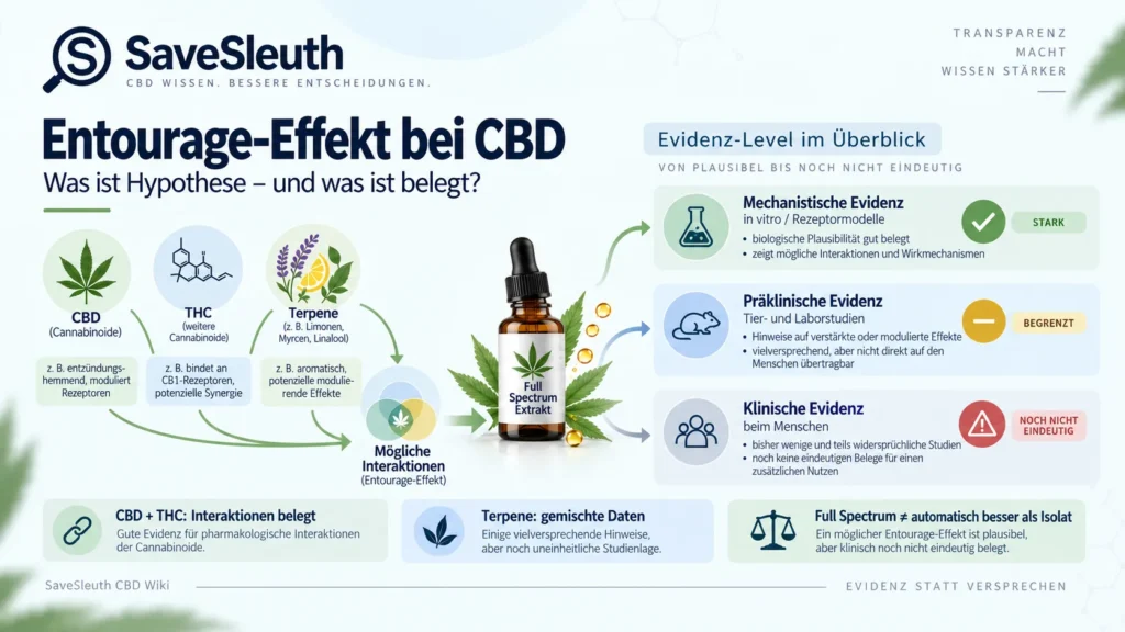 Infografik zum Entourage-Effekt bei CBD mit CBD, THC, Terpenen sowie mechanistischer, präklinischer und klinischer Evidenz