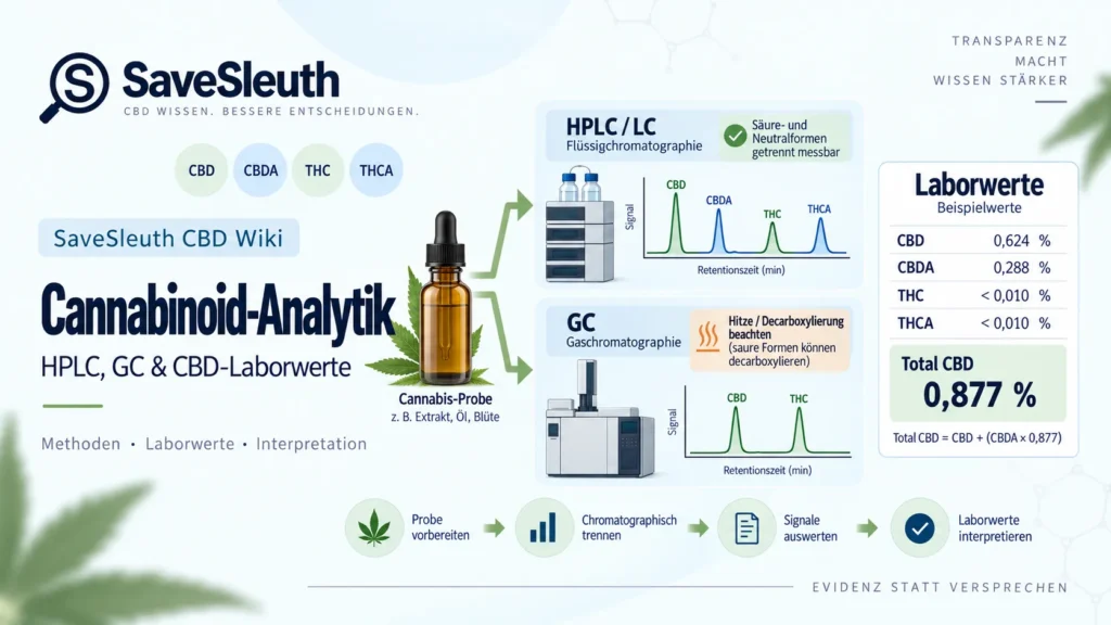 Infografik zur Cannabinoid-Analytik mit HPLC, GC, CBD, CBDA, THC, THCA und beispielhaften Laborwerten