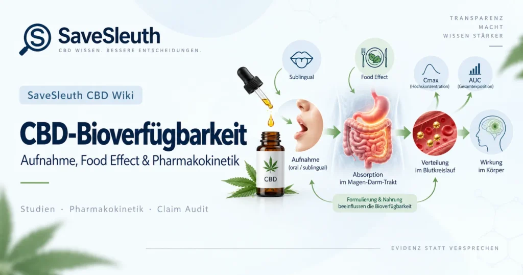 Infografik zur CBD-Bioverfügbarkeit mit Aufnahme von CBD, Absorption im Magen-Darm-Trakt, Verteilung im Blutkreislauf, Food Effect, Sublingual, Cmax und AUC