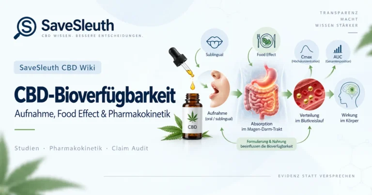 Infografik zur CBD-Bioverfügbarkeit mit Aufnahme von CBD, Absorption im Magen-Darm-Trakt, Verteilung im Blutkreislauf, Food Effect, Sublingual, Cmax und AUC