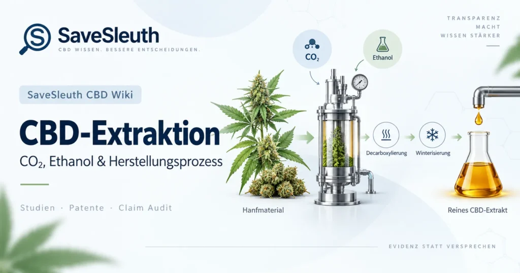 Infografik zur CBD-Extraktion mit Hanfmaterial, CO₂, Ethanol, Decarboxylierung, Winterisierung und reinem CBD-Extrakt