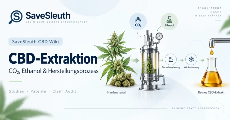 Infografik zur CBD-Extraktion mit Hanfmaterial, CO₂, Ethanol, Decarboxylierung, Winterisierung und reinem CBD-Extrakt