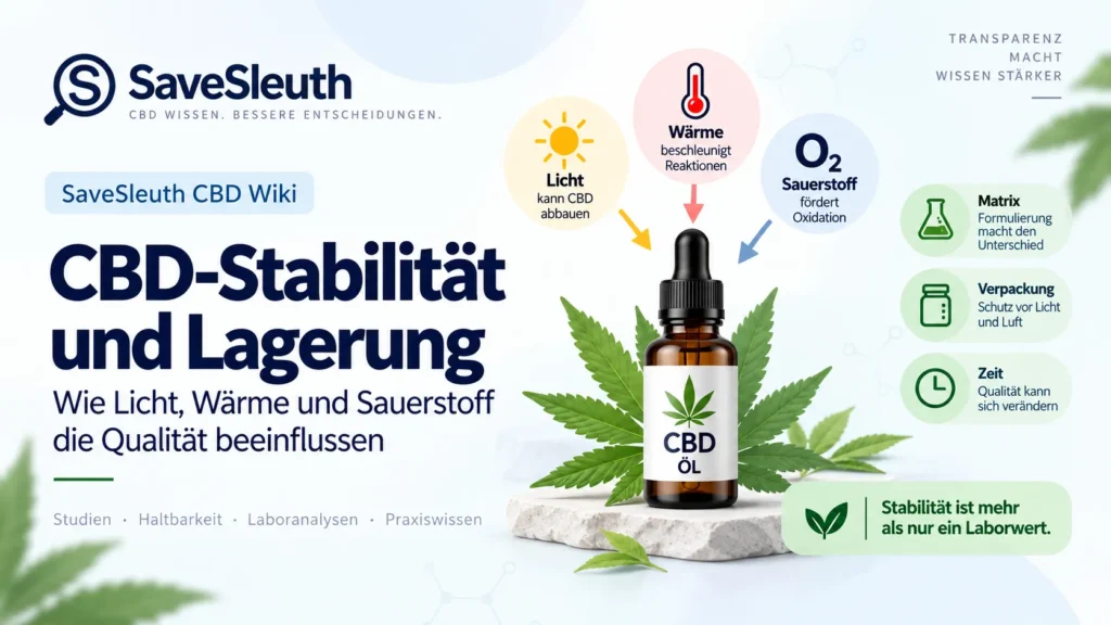 SaveSleuth-Infografik zur CBD-Stabilität und Lagerung mit Licht, Wärme, Sauerstoff, Matrix, Verpackung und Zeit