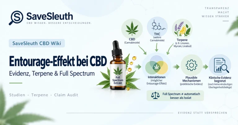 Infografik zum Entourage-Effekt bei CBD mit CBD, THC, Terpenen, möglichen Interaktionen und begrenzter klinischer Evidenz