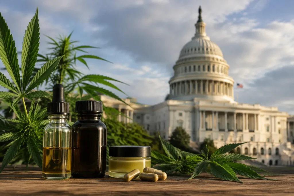 US Capitol building with hemp leaves and CBD products representing new federal hemp regulations