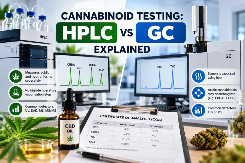 Cannabinoid testing comparison of HPLC vs GC with CBD, CBDA, THC, THCA and COA results