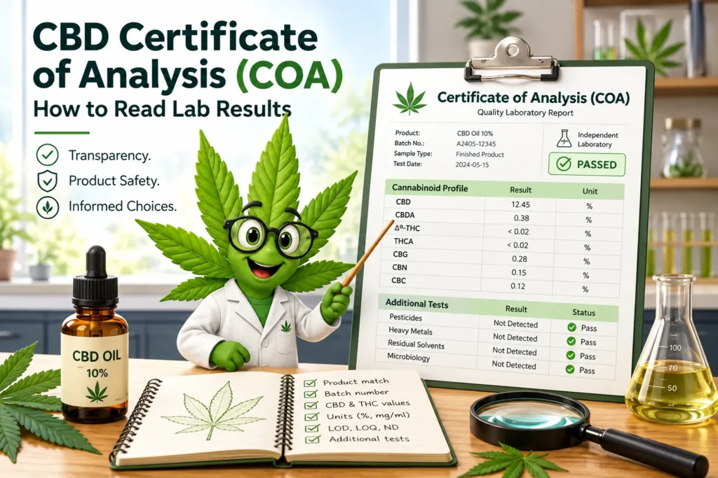 CBD Certificate of Analysis with batch number, cannabinoid results and lab testing