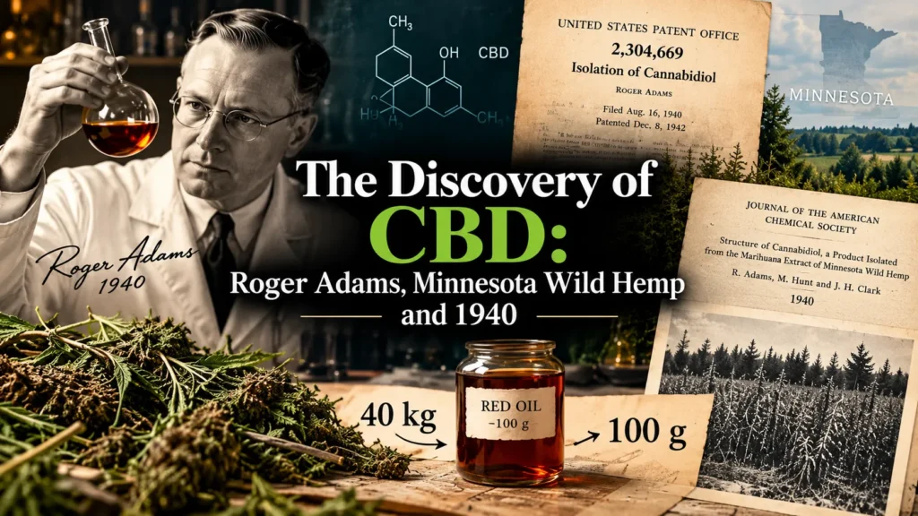 The discovery of CBD by Roger Adams with Minnesota wild hemp, red oil and the 1940 cannabidiol patent