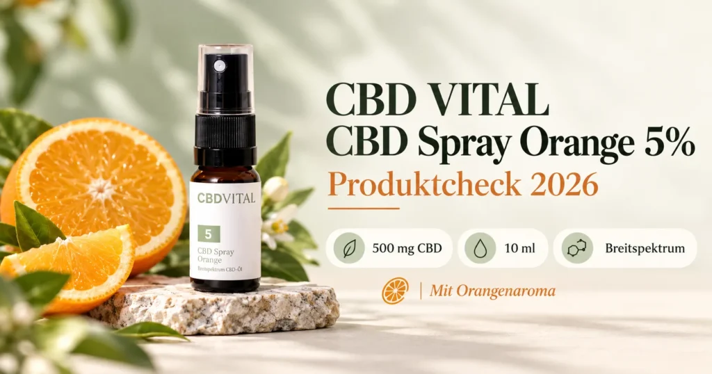 CBD VITAL CBD Spray Orange 5% – Produktillustration mit Sprühflasche und Orangen, 500 mg CBD in 10 ml
