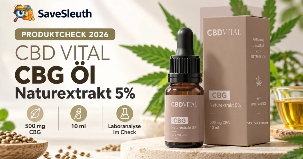 CBD VITAL CBG Öl Naturextrakt 5% – Produktillustration mit brauner Pipettenflasche und Verpackung, 500 mg CBG in 10 ml