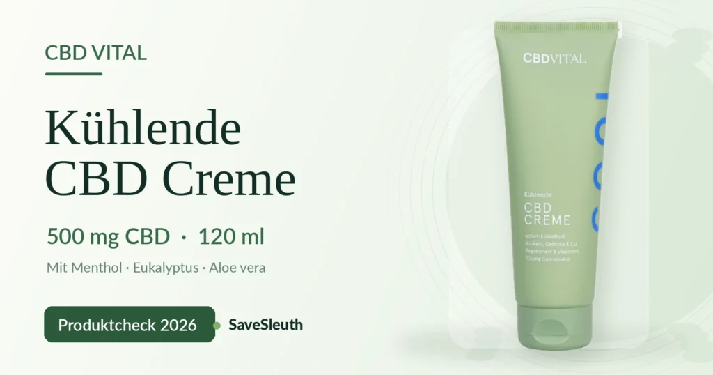 CBD VITAL Kühlende CBD Creme – grüne Produkttube mit blauen Elementen, 500 mg CBD in 120 ml, SaveSleuth Produktcheck 2026