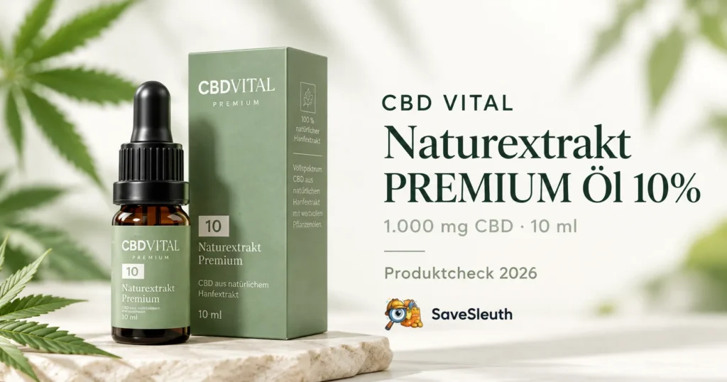 CBD VITAL Naturextrakt PREMIUM Öl 10% – Produktillustration mit Flasche und Verpackung, 1.000 mg CBD in 10 ml