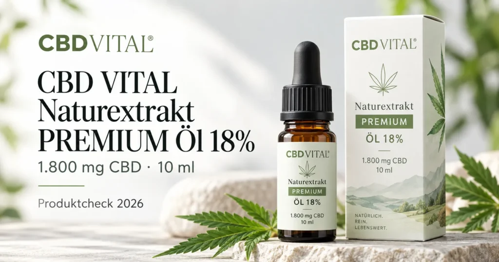 CBD VITAL Naturextrakt PREMIUM Öl 18% – Produktillustration mit Flasche und Verpackung, 1.800 mg CBD in 10 ml