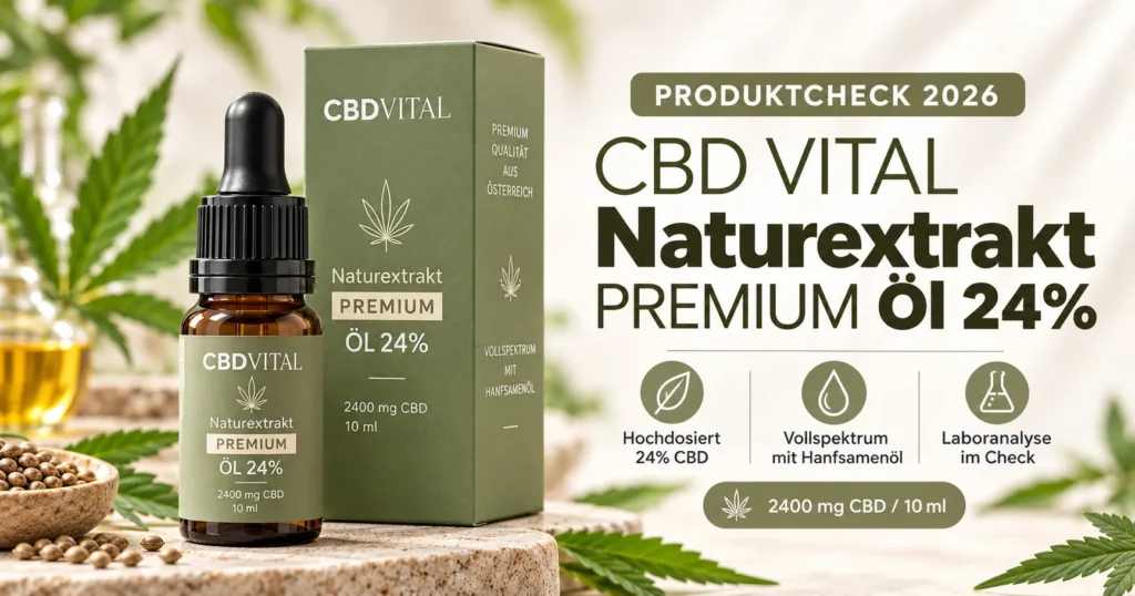 CBD VITAL Naturextrakt PREMIUM Öl 24% – Produktillustration mit Pipettenflasche und Verpackung, 2.400 mg CBD in 10 ml