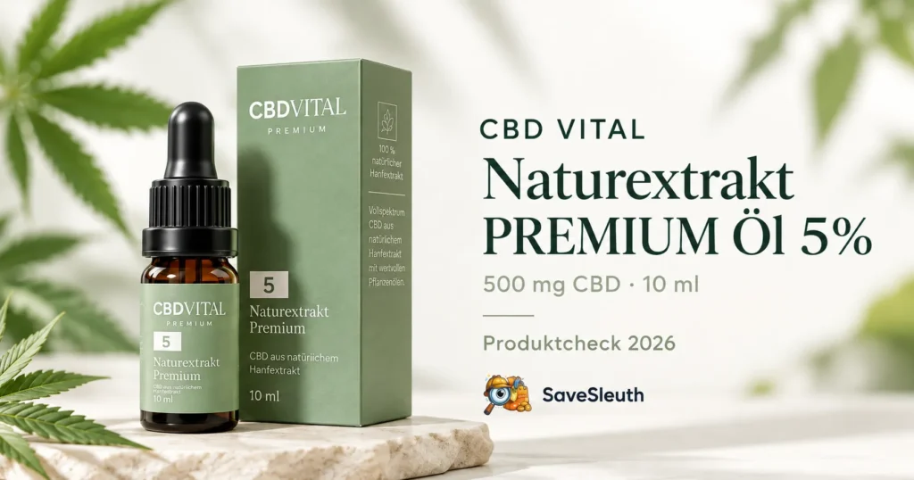 CBD VITAL Naturextrakt PREMIUM Öl 5% – Produktillustration mit Flasche und Verpackung, 500 mg CBD in 10 ml