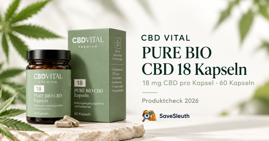 CBD VITAL PURE BIO CBD 18 Kapseln – Produktillustration mit Verpackung und Kapseln, 18 mg CBD pro Kapsel, 60 Kapseln