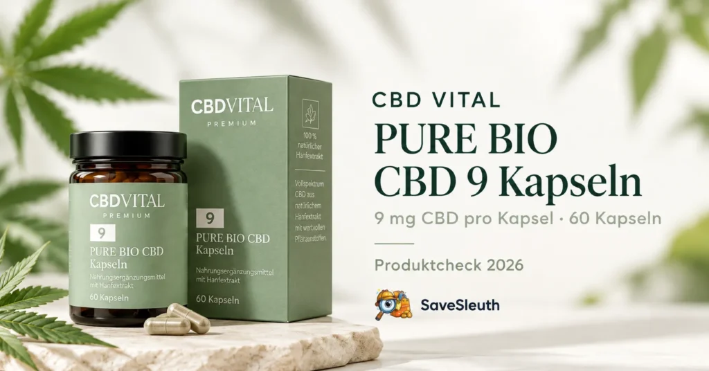 CBD VITAL PURE BIO CBD 9 Kapseln – Produktillustration mit Verpackung und Kapseln, 9 mg CBD pro Kapsel, 60 Kapseln