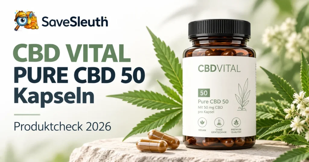 OG-Vorschaubild zum SaveSleuth Produktcheck von CBD VITAL PURE CBD 50 Kapseln mit Produktglas und grüner Verpackung