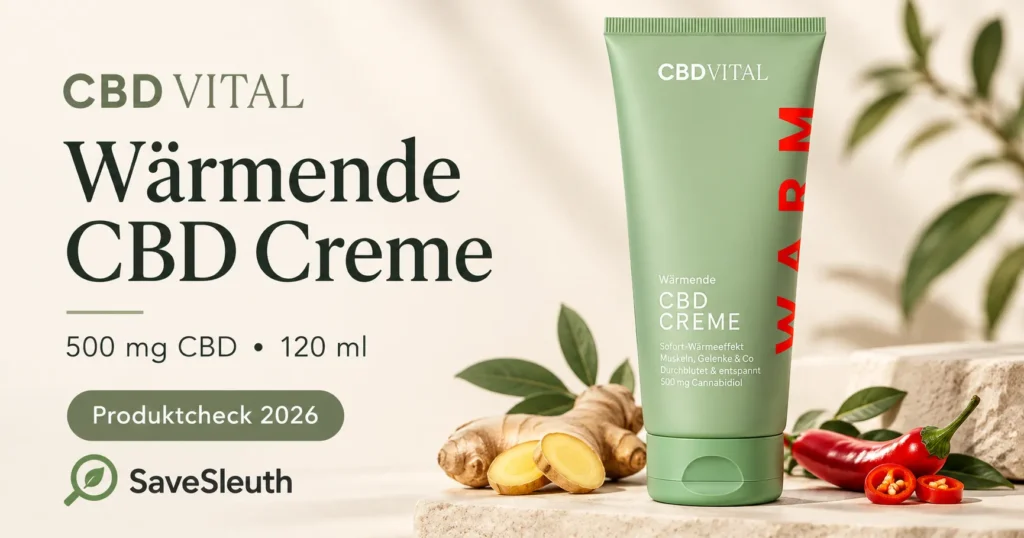 CBD VITAL Wärmende CBD Creme – grüne Produkttube mit roten Elementen, 500 mg CBD in 120 ml, SaveSleuth Produktcheck 2026