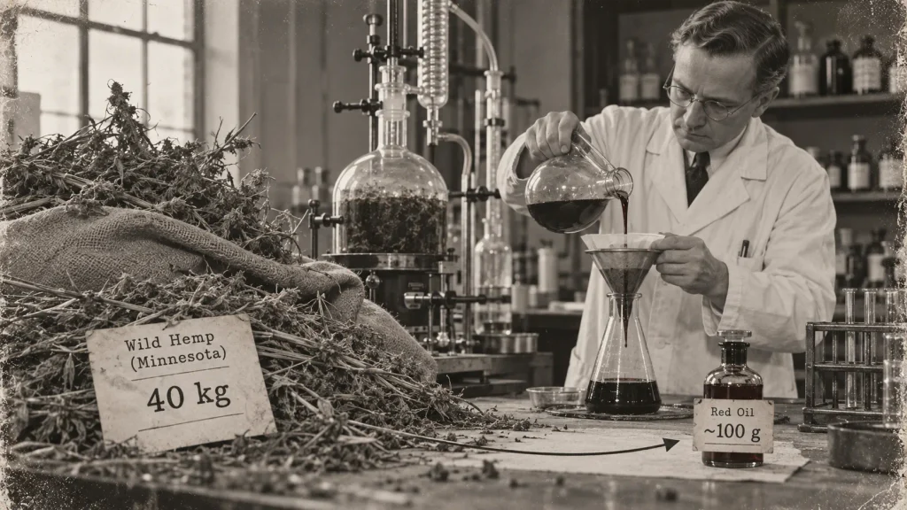Historical reconstruction showing 40 kg of Minnesota wild hemp and about 100 g of red oil used in early CBD research