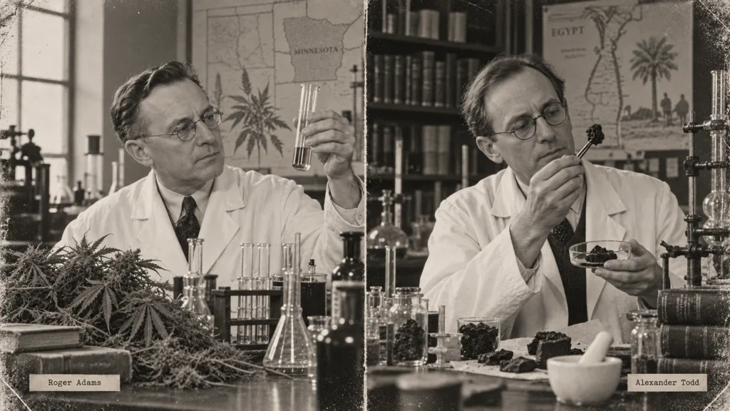 Historical illustration of Roger Adams and Alexander Todd during parallel cannabidiol research in 1940