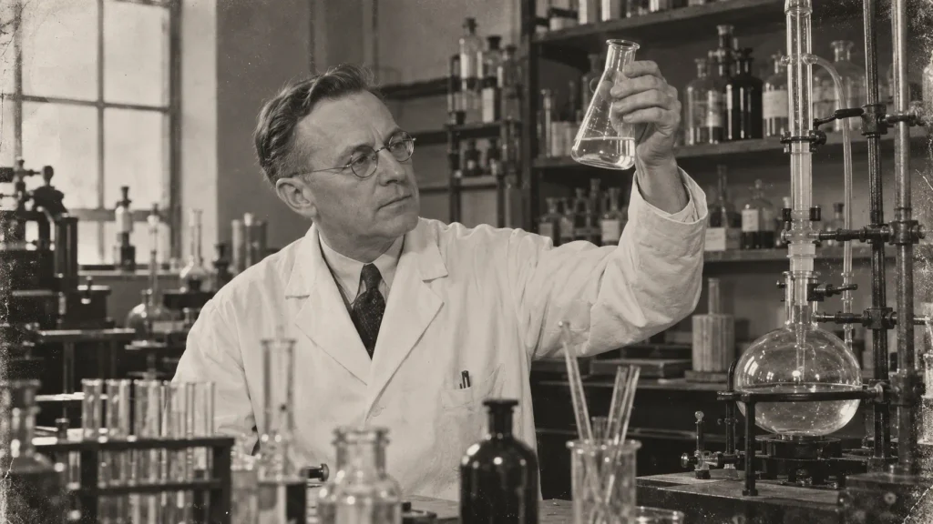 Historical illustration of Roger Adams during early cannabidiol research around 1940