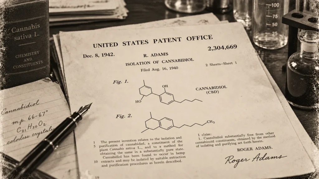 Historical illustration representing Roger Adams' 1942 US patent for isolating cannabidiol