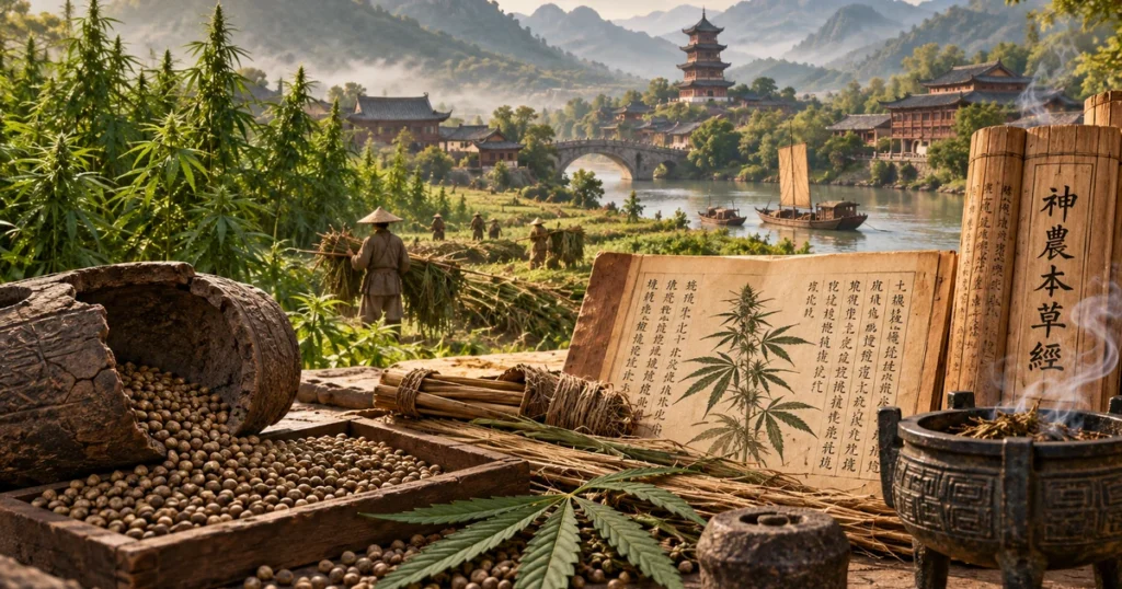 Editorial illustration of cannabis history in ancient China with hemp fields, plant fibres, seeds, a river landscape and historical-style manuscripts.