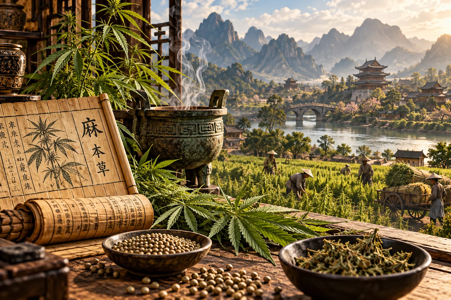 Künstlerische Illustration des historischen Hanfanbaus in China mit Bauern, Hanfsamen, botanischen Zeichnungen und alten Schriftrollen.