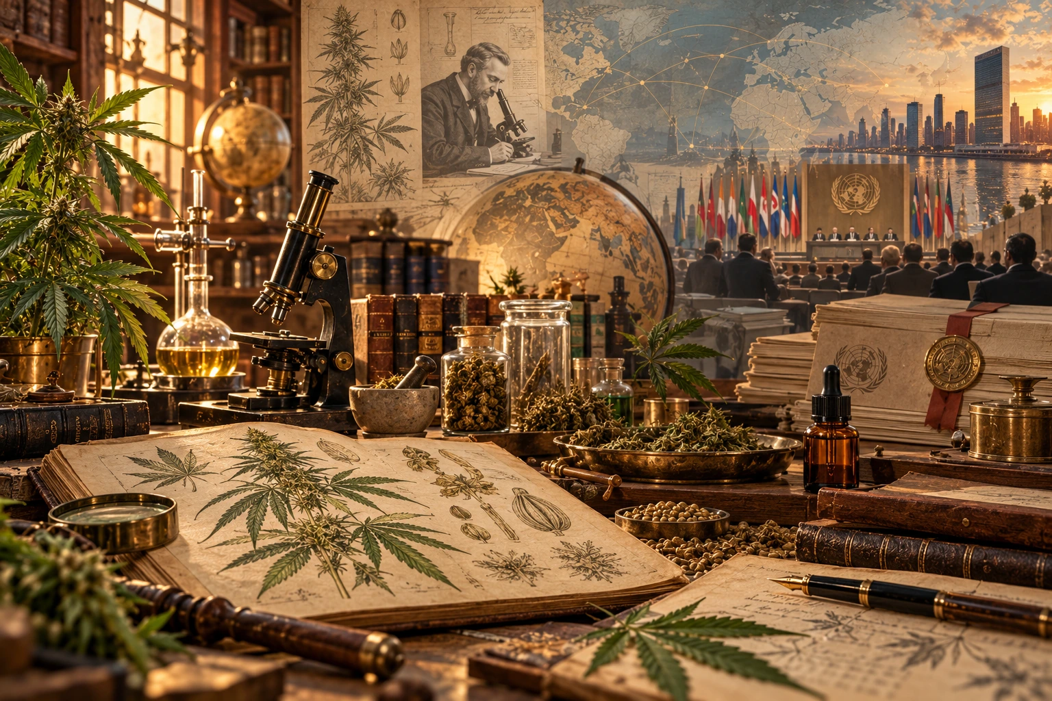 Artistic illustration of cannabis research history showing botanical drawings, a microscope, laboratory equipment and symbols of international regulation.