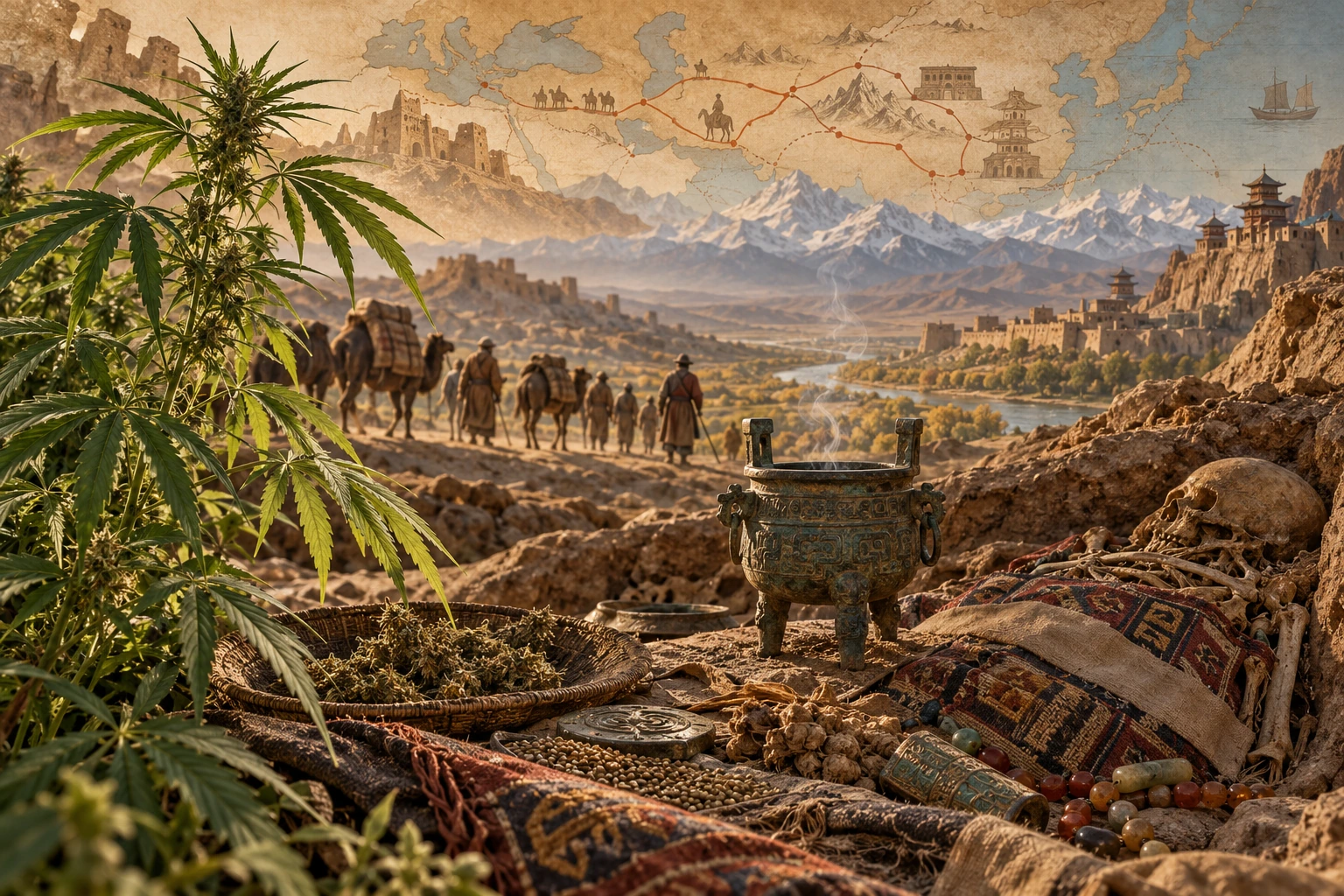 Artistic illustration of cannabis history in Central Asia with a caravan, mountain landscape, cannabis plants and a ceremonial brazier.