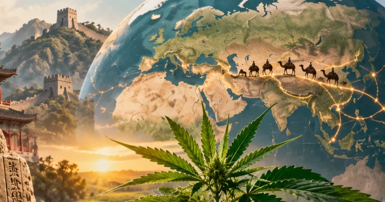 Illustration of the worldwide history of cannabis, featuring a hemp plant, ancient Asian architecture, historical trade routes and a world map.